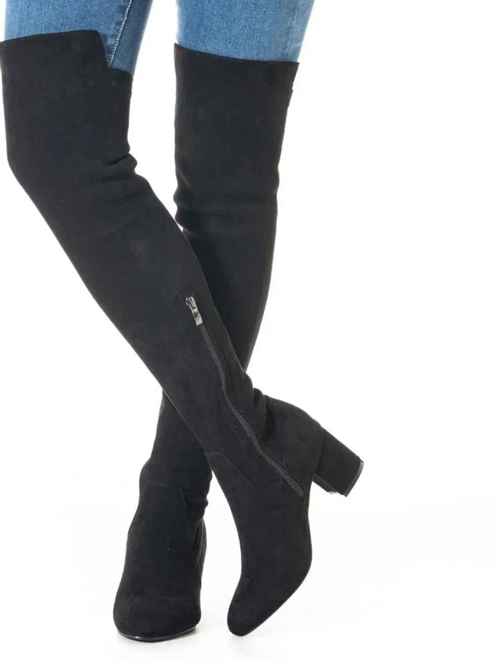 Stylish Over the Knee Suede Boots - Black Thigh High, Chunky 2